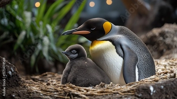 Obraz Emperor penguin parents and chick in a nest, zoo environment
