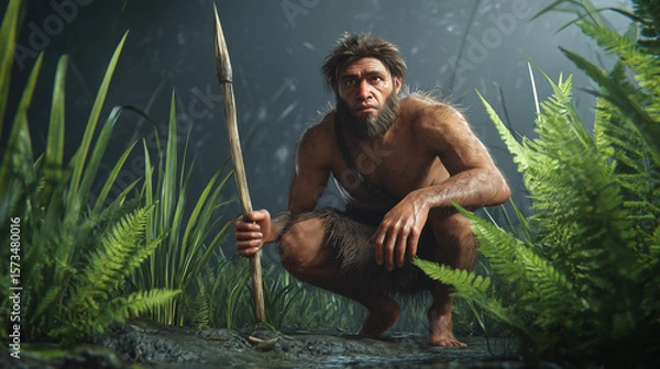 Fototapeta Hunter Crouching Low Among Ferns, Ready to Ambush in a Prehistoric Setting