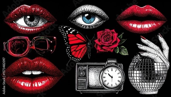 Fototapeta Graphic design of lips, eyes, and objects