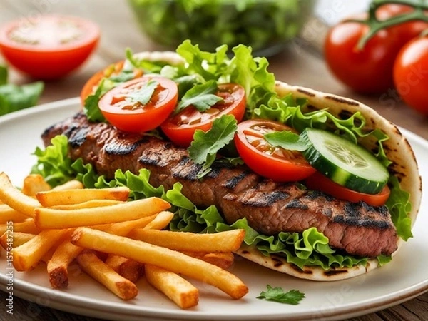 Obraz Grillteller mit saftigem Fleisch und großer Gemüse- / Salatbeilage