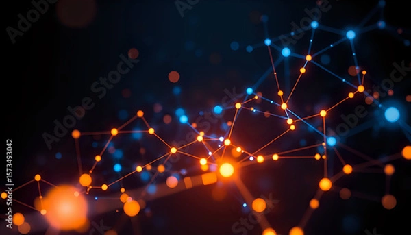 Fototapeta Abstract data visualization with glowing nodes in dark space, representing digital connectivity.