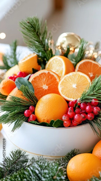 Obraz Vibrant citrus and pine holiday centerpiece with oranges and berries