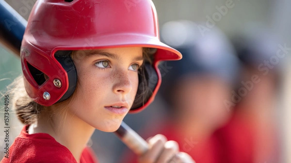Obraz Focused girl in baseball uniform preparing to swing bat during game