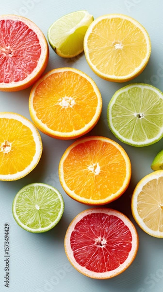 Fototapeta Perfectly arranged vertical citrus slices on light blue background for refreshing designs