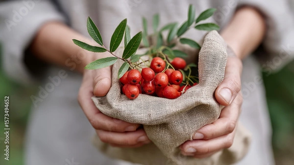 Obraz Together in the forest: hands gently holding a gather of fresh berries for nature's feast