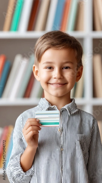 Obraz Smiling child holding colorful library card in library setting for education and literacy promotion
