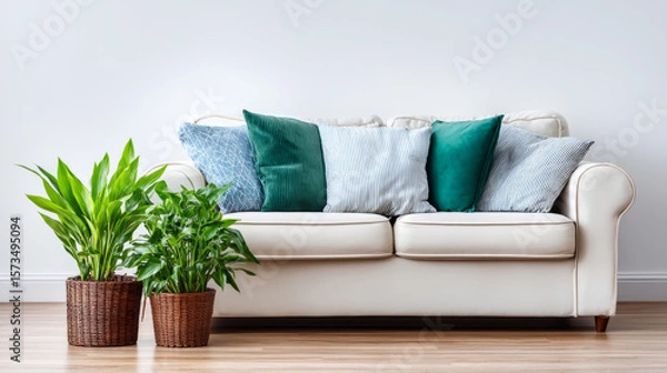 Obraz Refreshing green and soft white minimalist living room design with cozy sofa and indoor plants