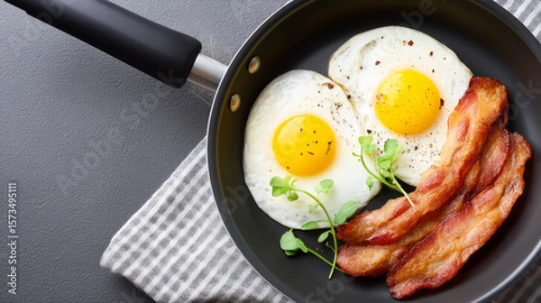 Fototapeta Modern non stick frying pan with eggs and bacon on striped towel for kitchen design