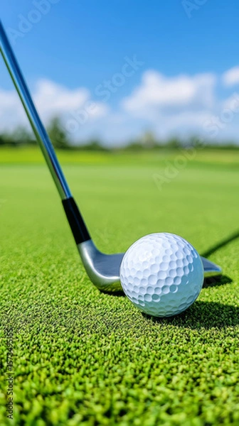 Obraz Golf club set to swing on pristine green course under clear blue sky
