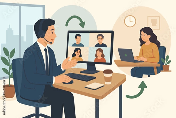 Fototapeta Hybrid work model concept. Flexible workplace for productivity. Employee choice to work remotely from home or office. Businessman in virtual meeting video conference call.