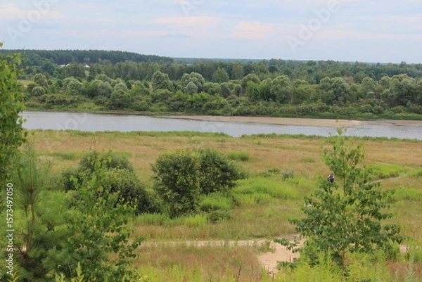 Fototapeta Scenic river landscape featuring dense greenery and serene waterway during a calm afternoon in a rural area