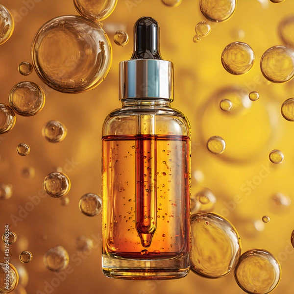 Obraz Amber Serum Bottle with Dropper Against Bubbles