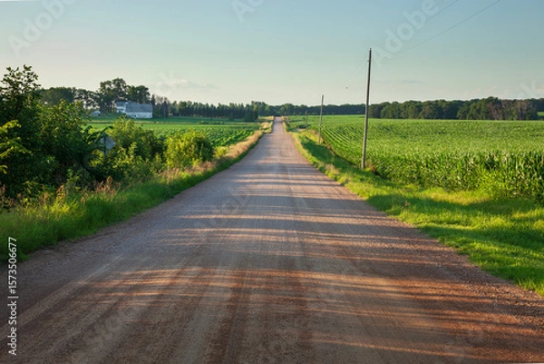 Obraz Dirt road in rural Minnesota between farm fields on a summer evening at sunset