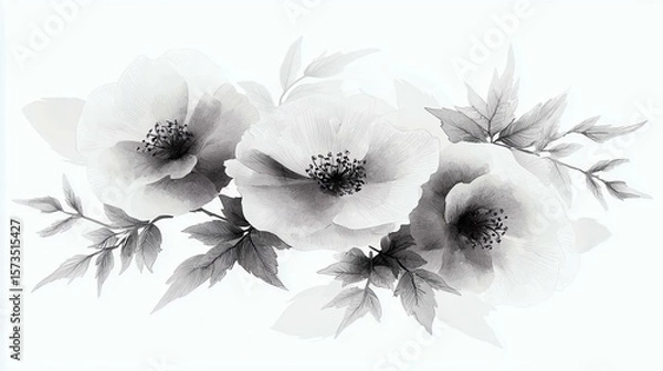 Fototapeta Botanical Illustration, Pen And Ink, Traditional, Elegant Black and White Floral Arrangement with Soft Petals and Leaves