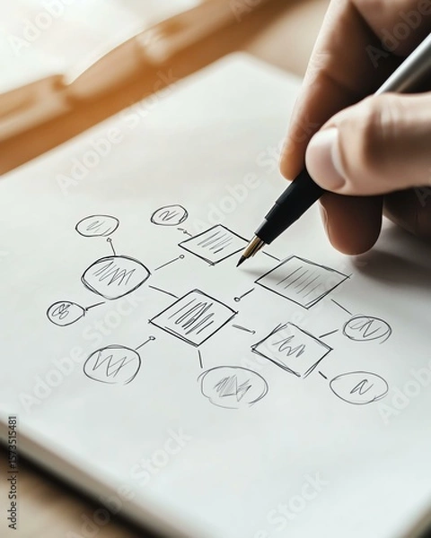 Fototapeta Flowchart Visual Idea, Hand Drawing Conceptual Flowchart on Notebook with Pen and Paper