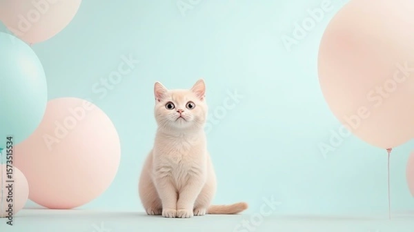 Fototapeta Japanese Kawaii, Pastel Colors, Playful, Adorable Cat Surrounded by Soft Pastel Balloons in Bright Setting