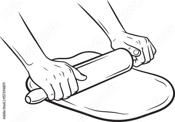 Fototapeta Hands rolling dough with rolling pin on pastry board