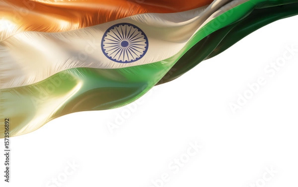 Obraz A flowing patriotic banner showcasing the vibrant Indian national flag with the Ashoka Chakra, captured in a dynamic render with ample copy space