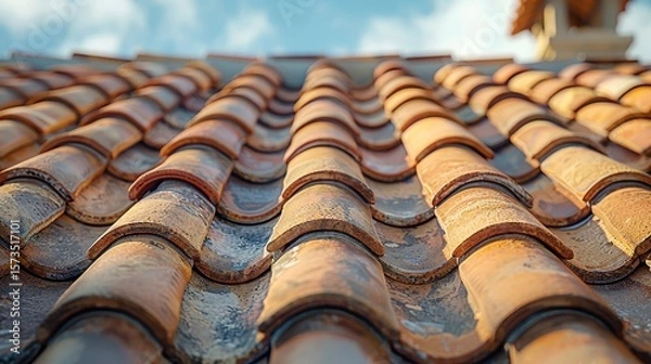 Fototapeta Tiled roof close-up with varying hues, showing texture and depth under a soft blue sky