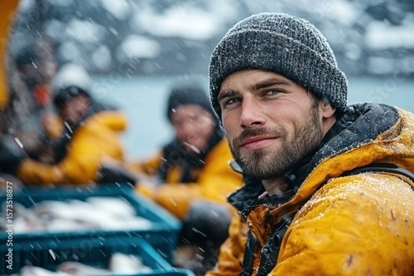 Fototapeta  Fisherman braving the elements: a snapshot of dedication and resilience on a snowy day at sea