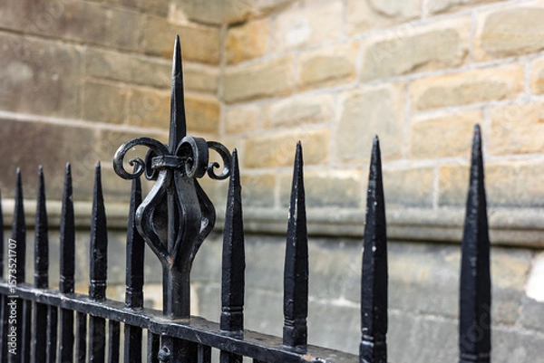 Obraz Ornate Black Painted wrought iron Railings with blurred stone wall