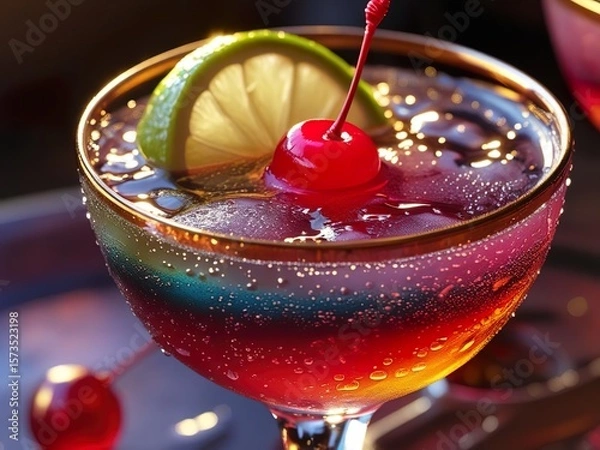 Fototapeta Alcoholic cocktail in a glass with decoration - cocktail cherry and lemon slice, top view, close-up