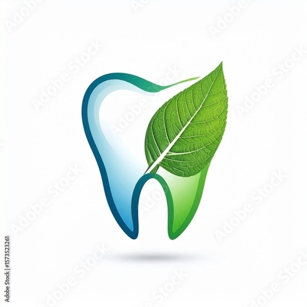 Obraz A Nature Inspired Dental Logo With A Leaf Shaped Tooth, Soft Green And Blue Tones, An
