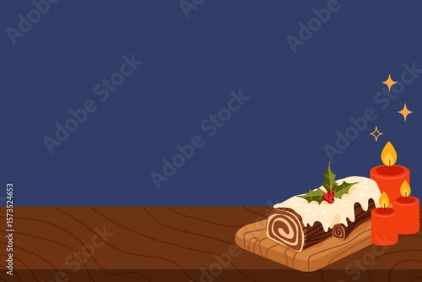 Fototapeta Christmas chocolate log cake with white icing and holly decoration, placed on a wooden board with burning candles on a dark blue background. Vector illustration for holiday banners, greeting cards