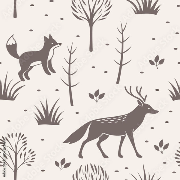 Fototapeta Graceful seamless pattern with deer, foxes, and bare trees in muted tones. Suitable for nursery decor, fabric, and woodland-themed designs.