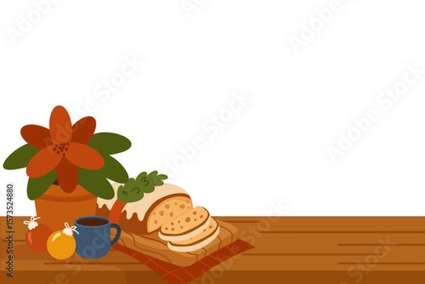Fototapeta Vector banner illustration with a sliced Christmas Stollen cake, red poinsettia flower, coffee cup, and Christmas ornaments on a wooden table. For holiday posters, invitations, social media headers