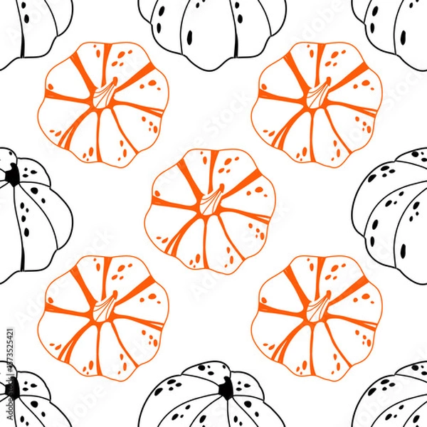 Fototapeta Seamless pumpkin pattern in black and orange line art style on a white base. Great for autumn designs, textile prints, packaging, kitchen textiles, scrapbooking projects, and festive decorations.