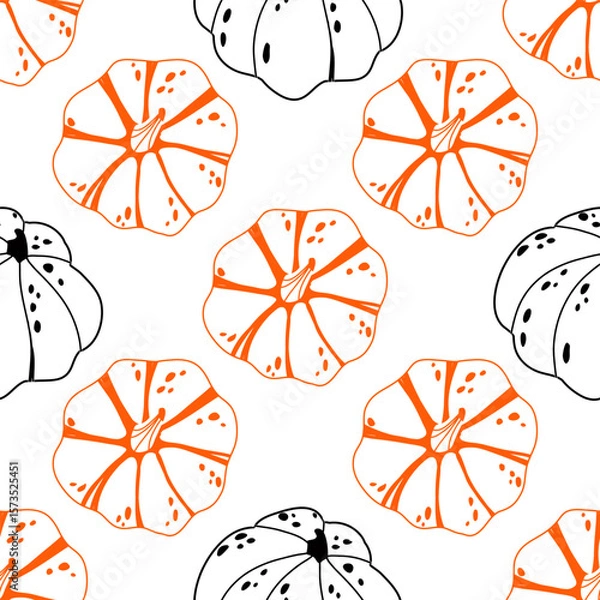 Fototapeta Seamless pumpkin pattern with black and orange line art pumpkins on white background. Ideal for autumn designs, fabric prints, wrapping paper, kitchen textiles, scrapbooking, and seasonal crafts.