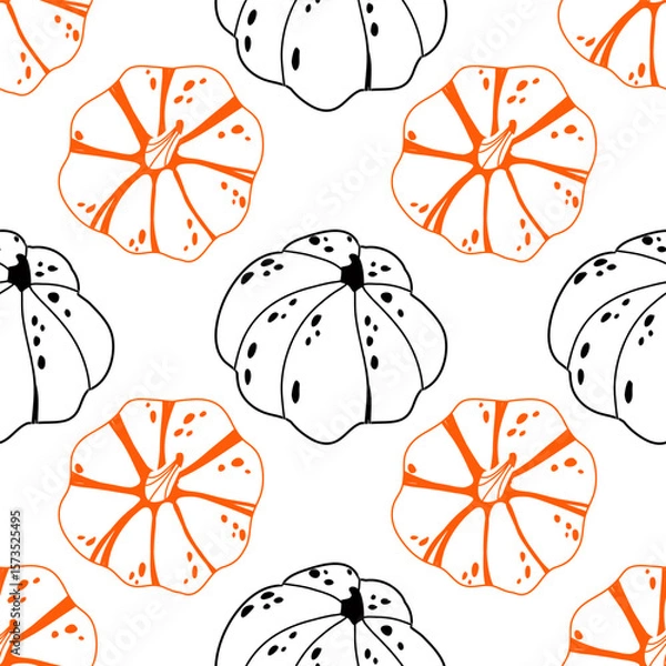 Fototapeta Seamless pattern featuring black and orange line art pumpkins on a white background. For autumn-themed designs, fabric prints, wrapping paper, kitchen textiles, and seasonal decorations.
