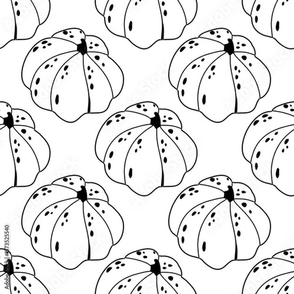 Fototapeta Seamless pumpkin pattern in black line art style on a white base. Great for autumn designs, textile prints, packaging, kitchen textiles, scrapbooking projects, and festive decorations.