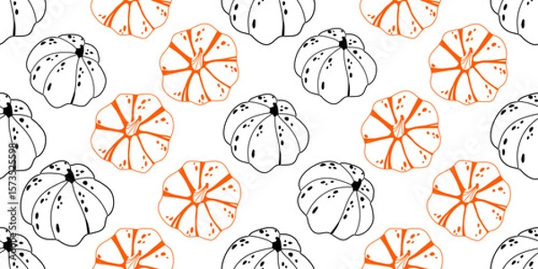Fototapeta Seamless pumpkin pattern featuring black and orange line art pumpkins on a white background. For autumn-themed designs, fabric prints, wrapping paper, kitchen textiles, scrapbooking