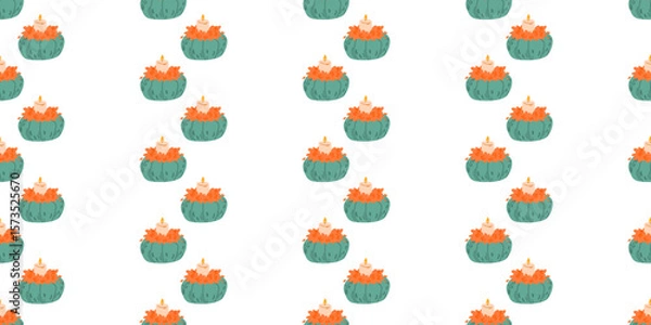 Fototapeta Seamless pattern with green pumpkin-shaped candles decorated with orange leaves on white background. For autumn designs, fabric prints, wrapping paper, kitchen textiles, packaging, and scrapbooking.