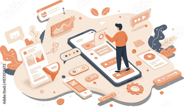 Fototapeta Mobile app user interacting with digital interface and data visualization in technology environment vector illustration 
