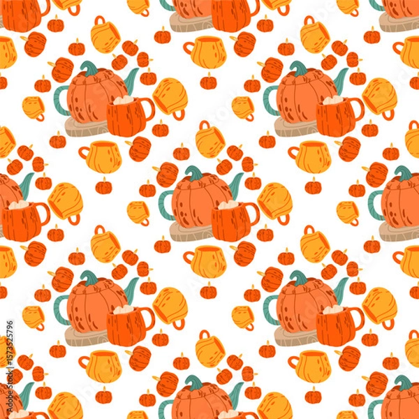 Fototapeta Seamless pattern with pumpkin-shaped teapots, mugs, and small pumpkins in cozy flat autumn style on white background. Fall designs, fabric prints, wrapping paper, packaging, and scrapbooking.