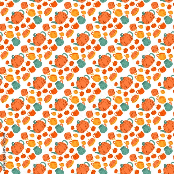 Fototapeta Seamless pattern with pumpkins, mugs, teapots, cookies, and desserts in warm autumn style on light background. Fall designs, fabric prints, wrapping paper, textiles, packaging and scrapbooking.