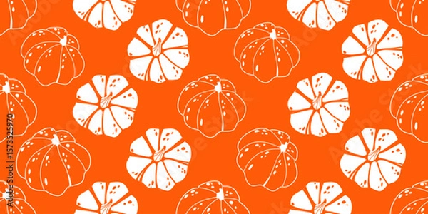Fototapeta Seamless pattern with white pumpkin silhouettes in line art style on bright orange background. For autumn-themed designs, fabric prints, wrapping paper, kitchen textiles, packaging, and scrapbooking.