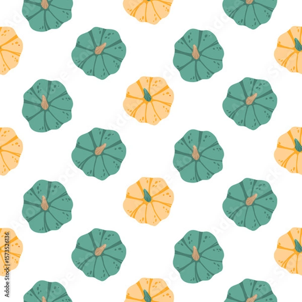 Fototapeta Seamless pattern with flat green and yellow pumpkins viewed from above on white background. Perfect for autumn-themed designs, fabric prints, wrapping paper, kitchen textiles, packaging