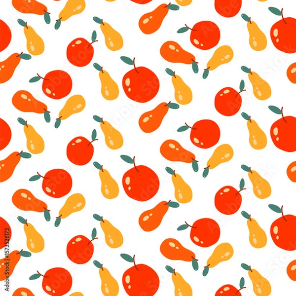 Fototapeta Seamless pattern featuring flat yellow pears and red apples on white background. Perfect for autumn designs, fabric prints, wrapping paper, kitchen textiles, scrapbooking, and seasonal decorations.