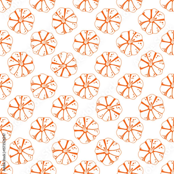 Fototapeta Seamless pumpkin pattern orange line art pumpkins on a white background. For autumn-themed designs, fabric prints, wrapping paper, kitchen textiles, scrapbooking