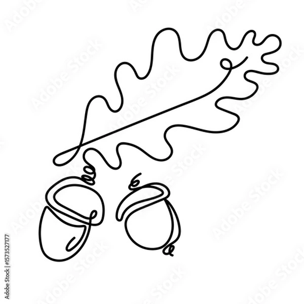 Fototapeta Minimalistic one line art illustration of an oak leaf and two acorns in black on white background. For autumn designs, nature-inspired prints, packaging, greeting cards, fabric, and scrapbooking.