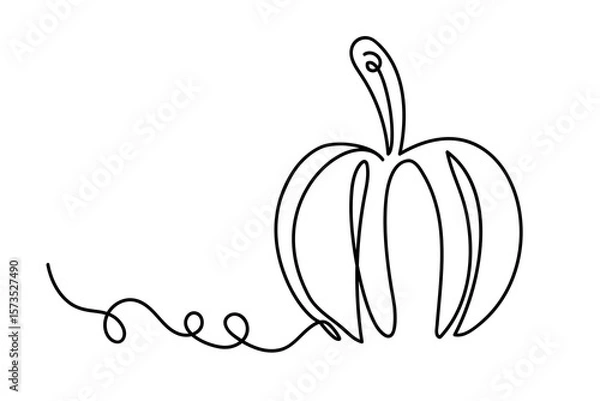 Fototapeta Minimalistic one line art drawing of pumpkin in black on white background. Perfect for autumn designs, posters, prints, packaging, greeting cards, fabric, kitchen textiles, and scrapbooking.