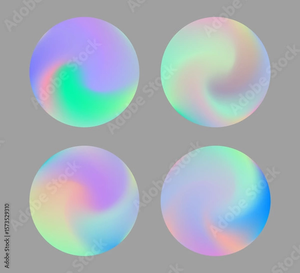 Obraz Vector illustration shows round shapes with soft pastel gradients in vivid neon colors. The design features a modern, abstract, dreamy style with swirling pink, green, blue, and violet hues.