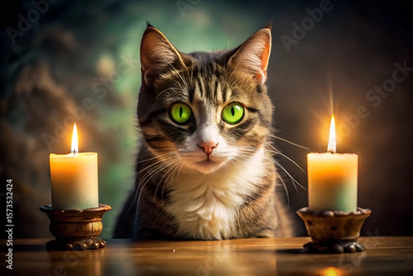 Fototapeta Zombie Cat With Glowing Green Eyes Sitting By A Candle