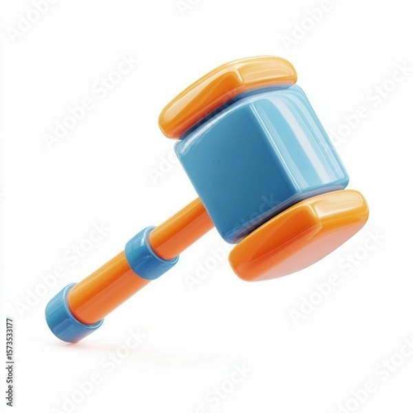 Fototapeta A vibrant, playful gavel in blue and orange, hovering against a white background, suitable for legal themes, children's law education, or playful justice concepts