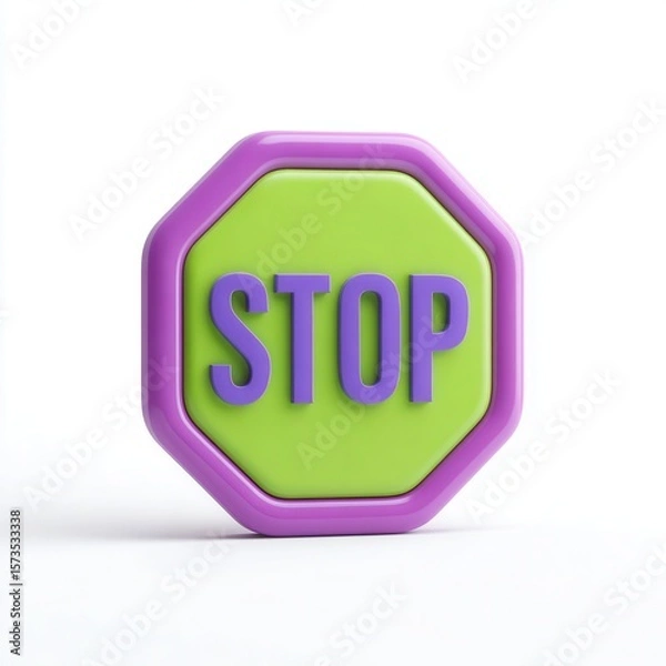Fototapeta A colorful stop sign with a green background and purple border suitable for educational materials, safety campaigns, or creative projects that promote awareness and caution,