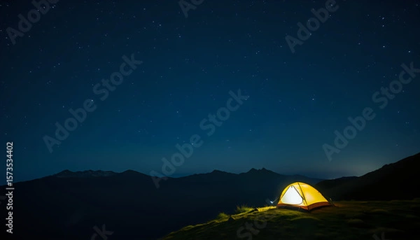 Fototapeta Nighttime mountain view featuring illuminated tent under starry sky with long exposure effect.
